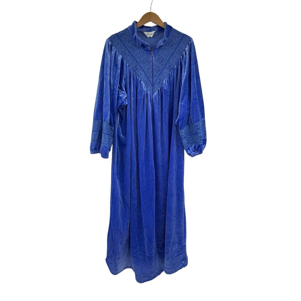 Vintage Kingly Blue Velvet Velour Lace Zip Front House Coat Dress Fancy XL/2XL?